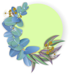 Yellow round background with eucalyptus leaves and blossom.
