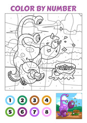 Color by Number is an educational game for children. Violet Crabtopus Monster and Green Slug are Cracking Nuts. Two versions. Coloring book page with example.