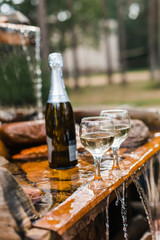 Love, romance, holiday, celebration concept. Bottle and glasses of champagne chilled by waterfall in summer forest on sunset.