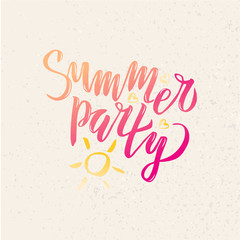 Summer party lettering Gradient Handwritten calligraphy, brush painted letters on sand background. Inspirational text in vector illustration. Template for flyer, banner, poster, greeting card