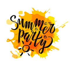 Summer party lettering Gradient Handwritten calligraphy, brush painted letters on blot background. Inspirational text in vector illustration. Template for flyer, banner, poster, greeting card