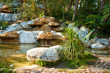 Tropical Landscape design. View of small pond and waterfall