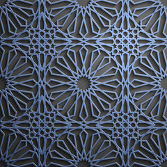 Islamic ornament vector , persian motiff . 3d ramadan islamic round pattern elements . Geometric circular ornamental arabic symbol vector . Blue background