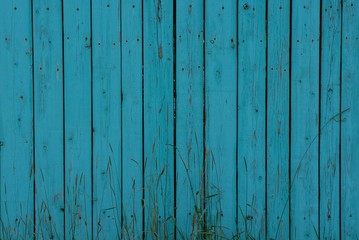 blue wooden texture of the fence planks in the grass