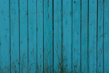 blue wooden texture of the fence planks in the grass