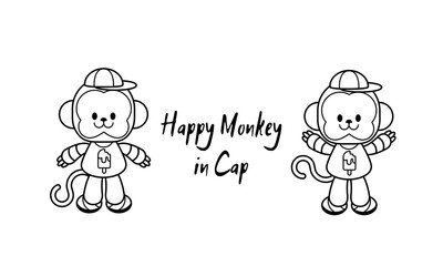 happy monkey in cap, set of monkey little boy in clothes and cap in cartoon style, lucky monkey in a cap