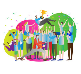 Victory crowd vector illustration. Team win championship, match or competition. Celebration and party. Athlete leader with gold cup and fans, supporters with hands up.