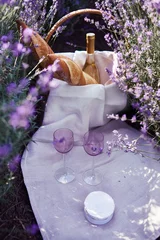 Rolgordijnen picnic in the lavender fields with french baguette and white wine © cenchild