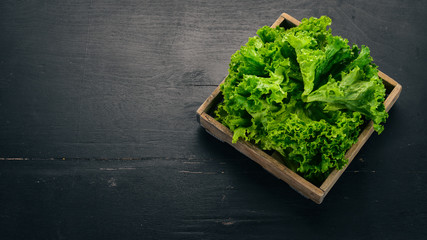 Green lettuce in Wooden box. On a wooden background. Top view. Copy space.