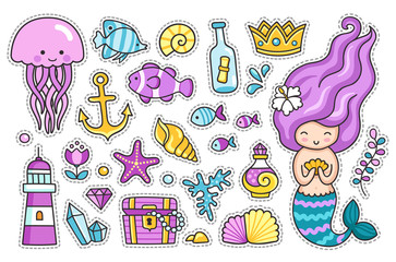 Mermaid, jellyfish, cute sea animals, fish, sea shell, lighthouse, anchor and starfish. Set of cartoon stickers and patches, badges and pins, prints for kids. Doodle cartoon style. Vector illustration
