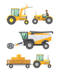 Agricultural machinery and farm vehicle vector set. Tractors, harvester, combine illustration in flat design. Agriculture summer harvesting.