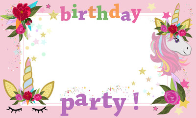 Magical unicorn Birthday party photography frame. Happy birthday greeting card © Gulsen Gunel