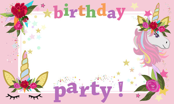 Magical unicorn Birthday party photography frame. Happy birthday greeting card