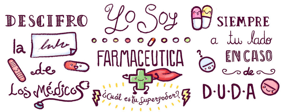 Elementos y frases de farmacia con texto caligr&aacute;fico: Yo soy farmac&eacute;utica. Dibujos kawaii sobre medicina en colores pastel suaves sobre fondo blanco. Ilustraci&oacute;n en formato alargado tipo taza mug.	