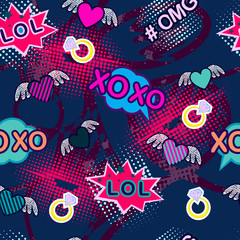 Abstract seamless sport pattern for girl and boy. Creative colorful sport wallpaper with Pop art comics speech bubbles, clouds,words. Grunge urban background for textile, fashion, sport clothes.