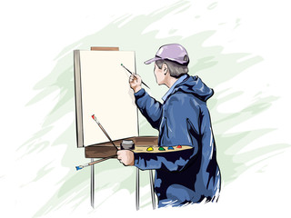Drawing artist near the easel