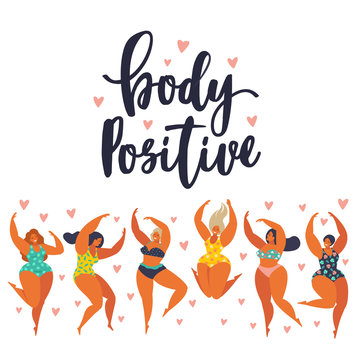 Body positive. Happy girls are dancing. Attractive overweight woman. Vector illustration