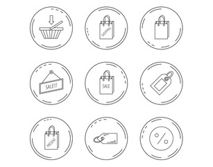 Shopping cart, gift bag and sale coupon icons.