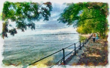 Fototapeta premium Hand drawing watercolor art on canvas. Artistic big print. Original modern painting. Acrylic dry brush background. Beautiful view of the lake promenade. Freedom of thought and reason. 
