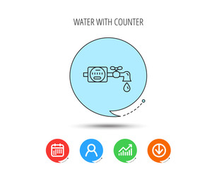Water counter icon. Pipe with drop sign.