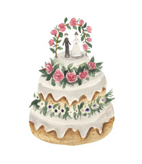 Watercolor stylized wedding cake with figures of the bride and groom. Decorated with flowers.