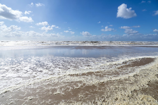 Dutch North Sea coast in Katwijk aan Zee on a stormy day