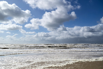 Dutch North Sea coast in Katwijk aan Zee on a stormy day