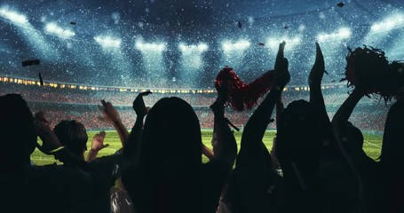 Fans clapping hands to cheer their favorite sports team on the stands of the professional stadium while it's snowing. Stadium is made in 3D and animated.