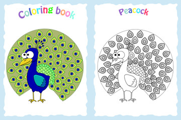 Coloring book page for preschool children with colorful peacock
