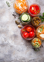 Fermented food. Preserved vegetables in jars