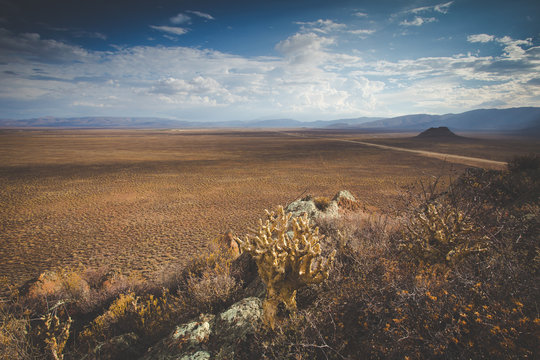 Panoramic views over the Tankwa Karoo Desert with dramatic thunderclouds in the sky