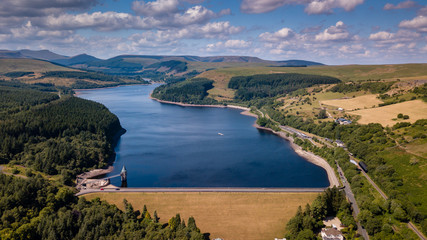 Aerial drone view of a beautiful reservoir in a rural area in summer