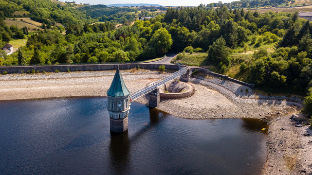 Aerial Drone View Of Low Water Levels In Pontsticill Reservoir, Brecon Beacons During A Summer Heatwave