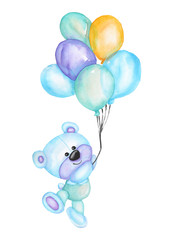 Watercolor blue teddy bear with balloons. Children's illustration isolated on white background. For birthday greeting postcard, baby poster