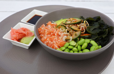 Teriyaki Salmon bowl with avocado and green beans, traditional japanese meal, omega 3 food sources, healthy eating