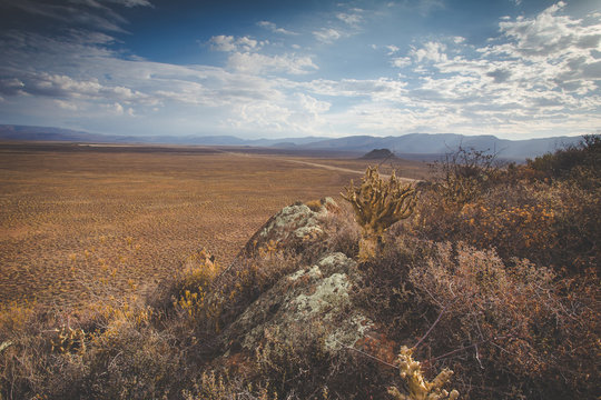 Panoramic views over the Tankwa Karoo Desert with dramatic thunderclouds in the sky