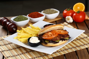 Delicious Beef Burger with French Fries