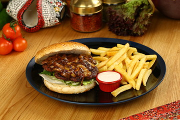 Delicious Beef Burger with French Fries