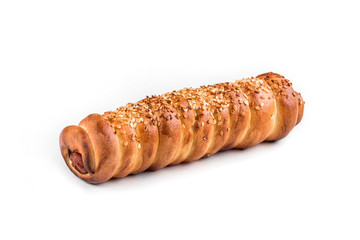 Sausage in dough with sesame, top view over white background, isolated