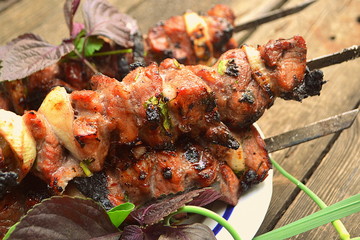 Appetizing pork shish kebab on a grill on a skewer with a back blur background.