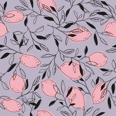 Tropical vector seamless pattern with  lemons on gray background.