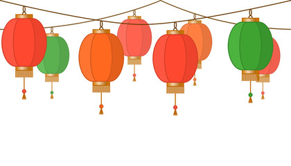 Chinese lantern garland, colorful asian traditional paper lamps chain with no background, fairy lights, footer and banner for decoration, vector illustration © vika_k