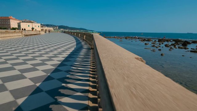 Dynamic shot of the exquisite Terrazza Mascagni in the amazing Tuscan city of Livorno, Italy. Built in the 1920s, the Terrazza is a chequered belvedere facing the sea with 8,700 sq. m.