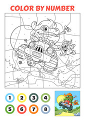 Color by Number is an educational game for children. Frog Racer. Two versions. Coloring book page with example.