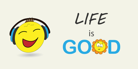 Life is good. Vector illustration emoji. Banner vector with emoji. Surprised emotion, huh emotion. Cartoon print.