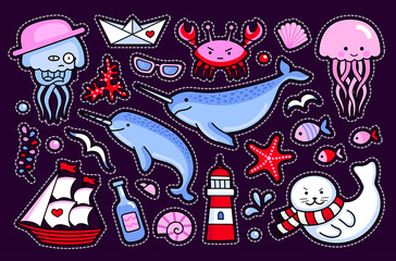Jellyfish and crab, fur seal, starfish, fish, narwhal, lighthouse, ship and seagull. Collection of sea stickers, patches, badges and pins. Vector isolated illustration