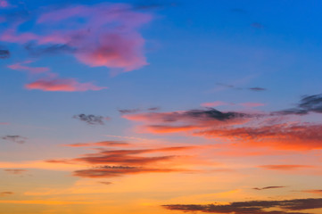 Purple yellow blue sky at dawn. Bright sunset in the sky.