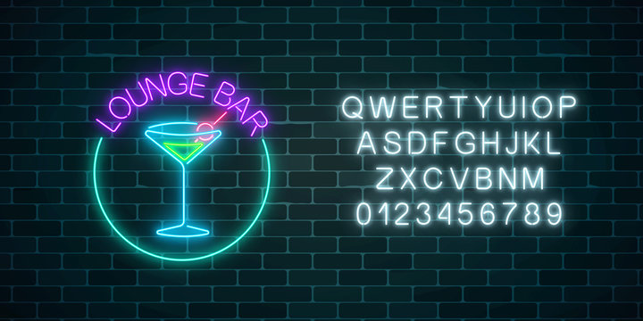 Neon lounge cocktails bar sign with alphabet. Glowing gas advertising with glasses of alcohol shake.