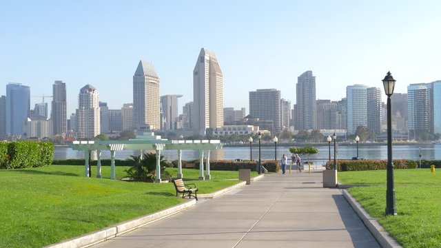 View from Coronado Island to downtown San Diego City in the early morning on a sunny day.
