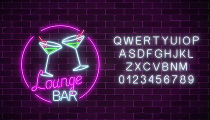 Neon cocktails lounge bar sign with alphabet. Glowing gas advertising with glasses of alcohol shake.